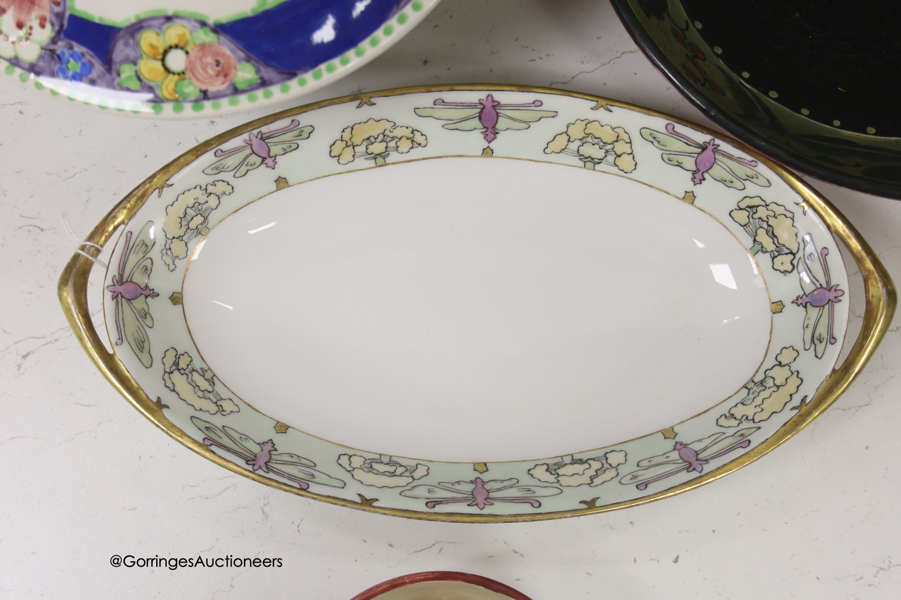 Three Scottish art pottery bowls, two signed Bough, one signed Mak Merry, and a Scottish decorated Rosenthal serving dish